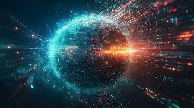 Digital glowing globe surrounded by radiating red and blue data line, symbolizing a connected world