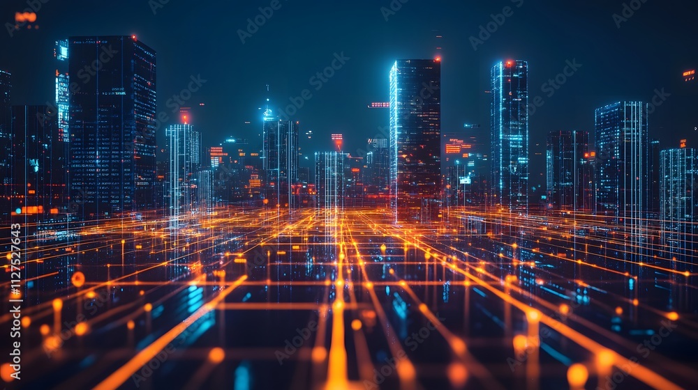 Poster modern cityscape highlighted by a glowing orange data grid running through futuristic skyscraper