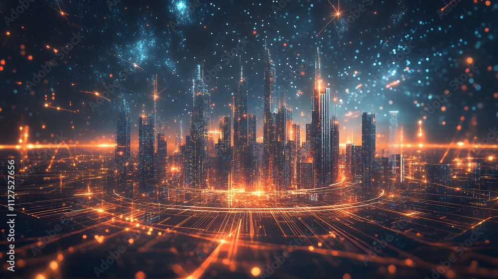 Poster modern cityscape highlighted by a glowing orange data grid running through futuristic skyscraper
