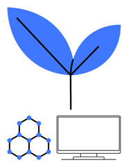Large blue leaf above computer monitor and molecular structure. Ideal for biotechnology, eco-tech, sustainability, science education, innovation, green tech, digital ecosystems. Line metaphor
