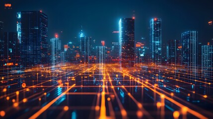Fototapeta premium Modern cityscape highlighted by a glowing orange data grid running through futuristic skyscraper