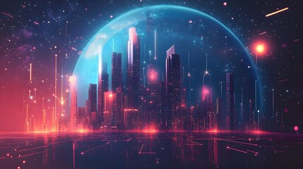 Futuristic skyline with tall skyscraper under a glowing pink and blue planet, surrounded by cosmic element