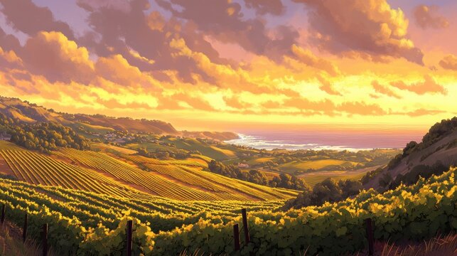 Sunset over coastal vineyards, rolling hills, and ocean.