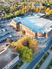 High Angle Footage of Letchworth Garden City of England Great Britain UK. Aerial View Was Captured with Drone's Camera on Cold Evening and During Sunset time of November 11th, 2023