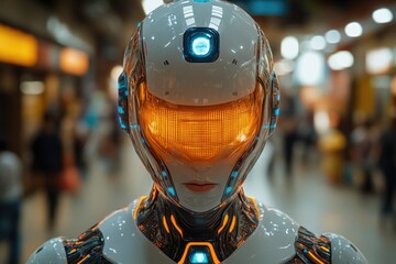 Close-up of a robot's head with illuminated eyes, suitable for futuristic or sci-fi themed projects