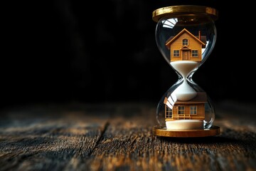A unique image featuring an hourglass with a house inside, suitable for use in illustrations or designs where time and home come together