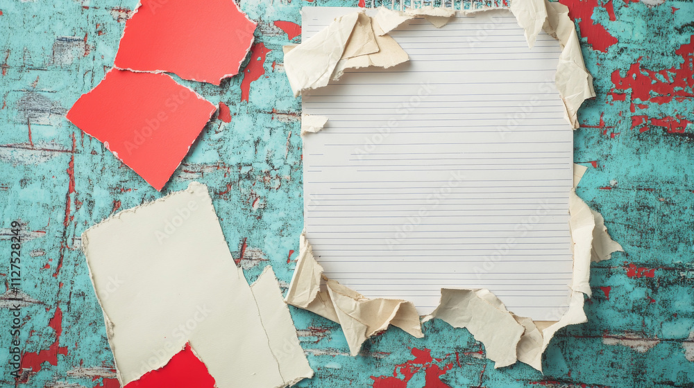 Poster torn paper pieces and red promotional sticky elements for shopping design composition. lined notepad