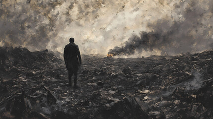 Charred remnants of a once-thriving landscape stretch as far as the eye can see, with a figure clad. Ashen. Illustration
