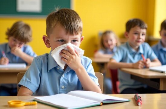 Young child sneezing in classroom setting with classmates focused on learning