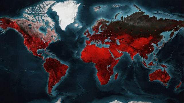 Un mapa del mundo oscuro con pa&iacute;ses en rojo
