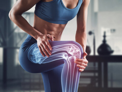 Una mujer en forma con una vista de radiograf&iacute;a de la pierna, que muestra dolor de rodilla
