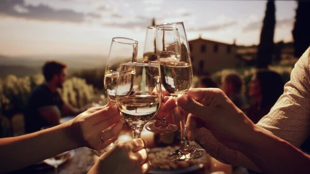 Elegant Sunset Wine Toast At Rustic Italian Villa Dinner Party Celebration Gathering Romantic