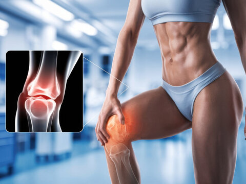 Mujer atl&eacute;tica con una radiograf&iacute;a de pierna. Su rodilla est&aacute; visiblemente hinchada e inflamada
