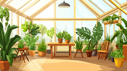 Obraz premium Greenhouse and gardening elements. Cartoon vector illustration set of pants in pot, wooden rack and chair, empty flowerpots. Glasshouse or conservatory room interior houseplants and greenery.