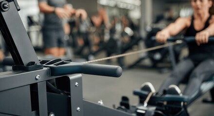 Close-up of a person using a rowing machine in a modern gym