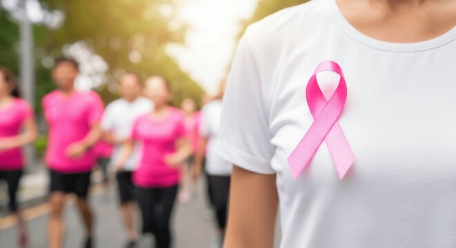Participants in pink shirts running to raise awareness for breast cancer
