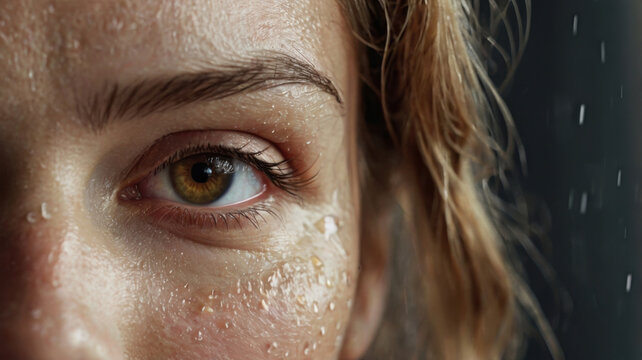 Primer plano de la cara de una mujer atl&eacute;tica deportiva sudorosa
