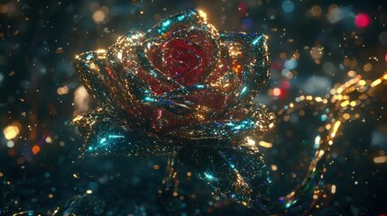 A sparkling, colorful rose made of shimmering materials, set against a blurred, vibrant background.