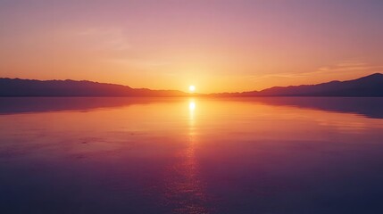 Fototapeta premium A sunset over a salt lake with orange and pink hues reflecting on the water.