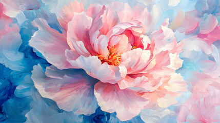 A painting of a pink flower with a blue background