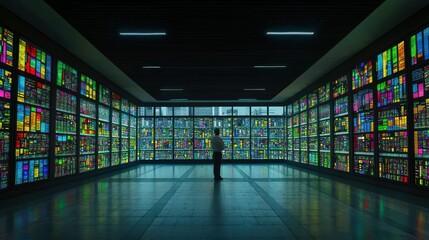 A person stands in a vibrant room filled with colorful screens displaying various images.