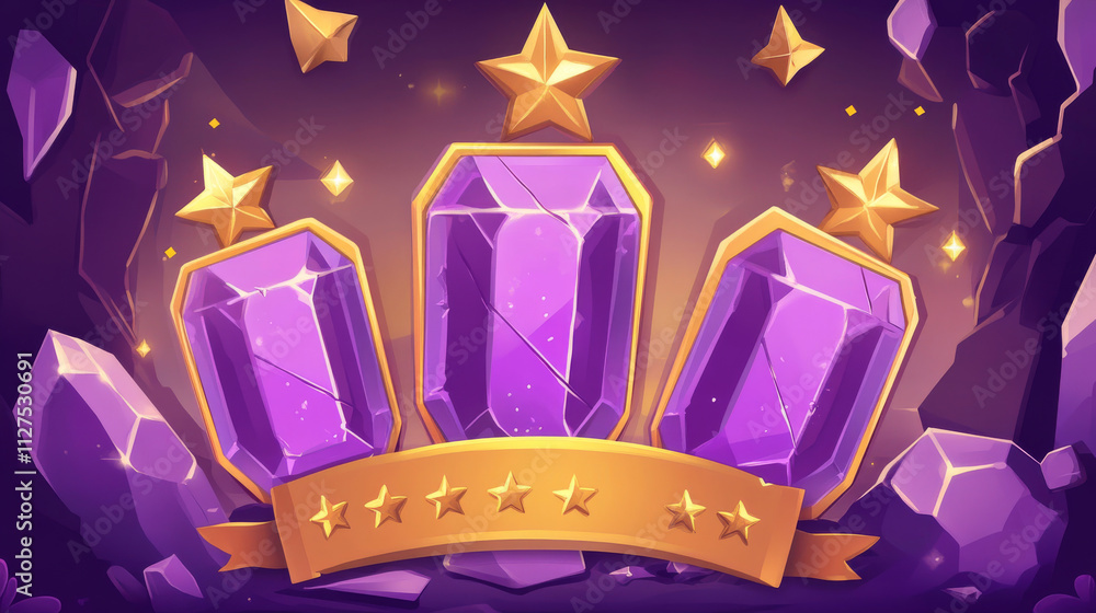 Poster game ui interface boards with level score, win and lose banners from purple crystal with golden fram