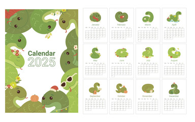 Calendar of 2025 year on English language, template schedule planner with cute child green snake animal kawaii character. Wild reptile as symbol 2025 year. Cartoon hand drawn. Vector illustration
