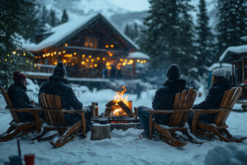 Warm gathering by the fire on a snowy winter evening in a cozy retreat