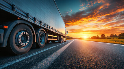 Low angle photography of a gray cargo semi truck with trailer driving on the asphalt road surrounded by meadows. summer season travel and transportation, trucking job during the sunset outdoors.