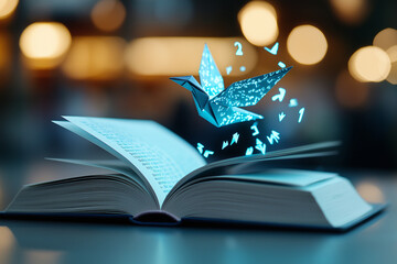 Open book with glowing origami bird and floating Letters, symbolizing imagination, storytelling and knowledge. Transformative power of words and imagination.