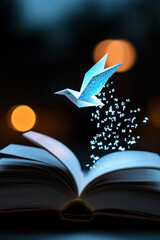 Open book with a magical origami bird flying out of it and transforming into letters and numbers, representing imagination, storytelling and knowledge.