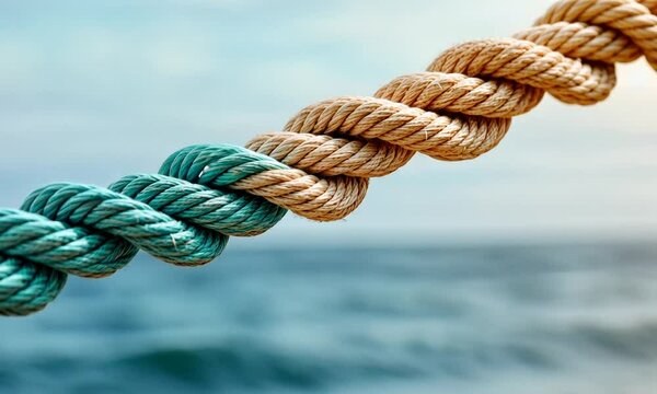 Intertwined ropes of teal and beige colors against a blurred ocean background.