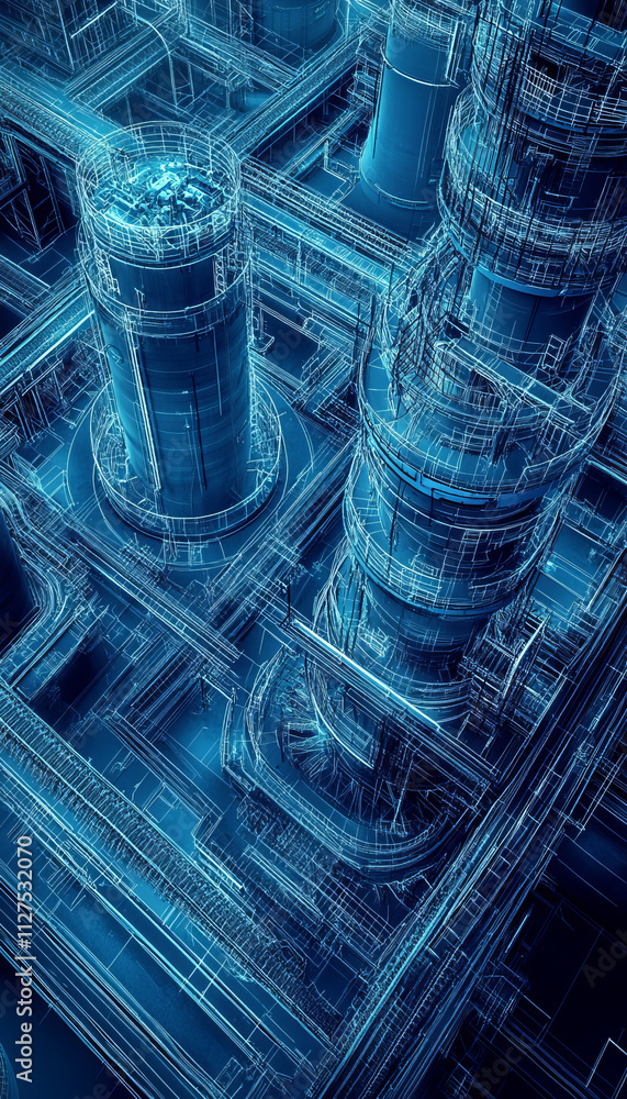 Poster aerial view of complex industrial structures in blueprint style