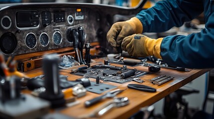 A worker assembling the dashboard of a car with specialized tools on a clean workbench.