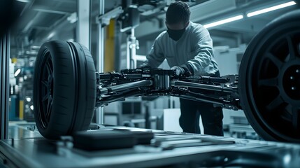 A worker calibrating a cars suspension system on a quality control line.