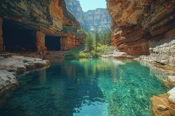 Stunning natural cave with crystal clear water surrounded by majestic cliffs and lush greenery in bright daylight. Generative AI - Powered by Adobe