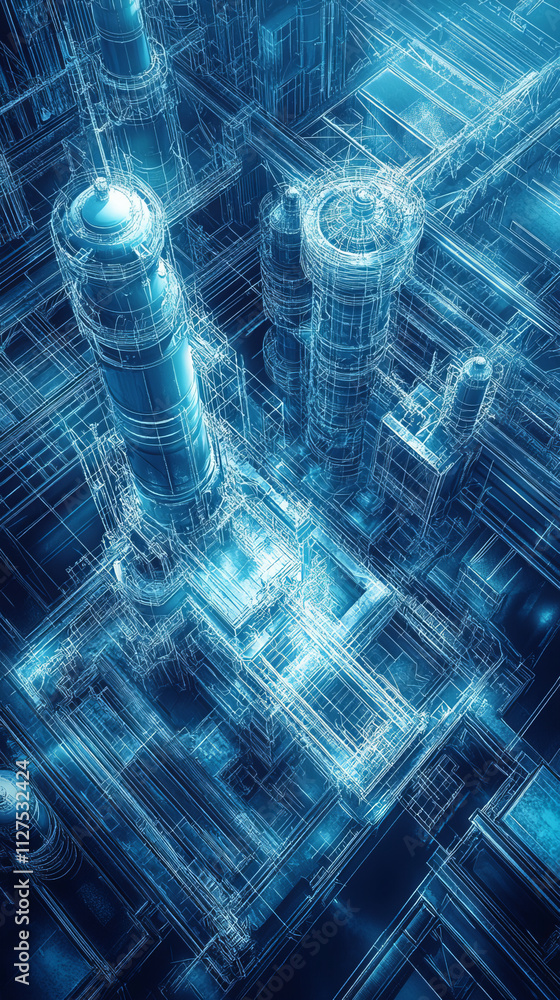 Poster aerial view of complex industrial structures in blueprint style