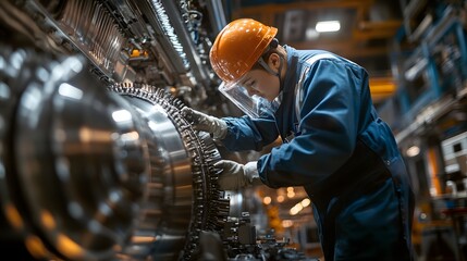 A worker in safety gear inspecting the engine assembly in a car manufacturing plant.