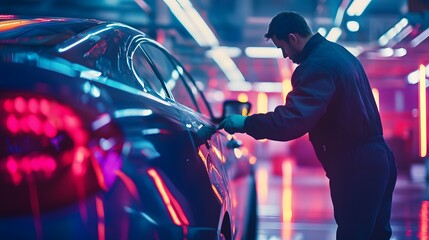 A worker inspecting paint quality on a freshly painted car body under bright LED lights.