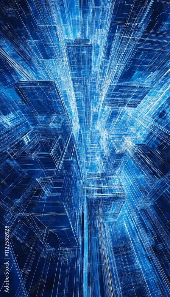 Poster abstract blue digital architecture with intricate lines and structures