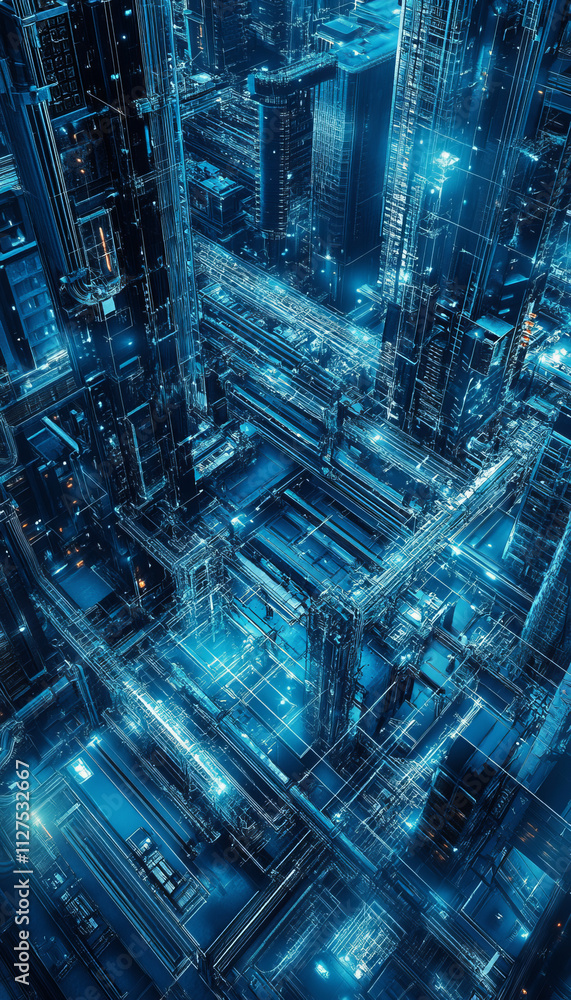 Poster futuristic cityscape with intricate blue pathways and structures