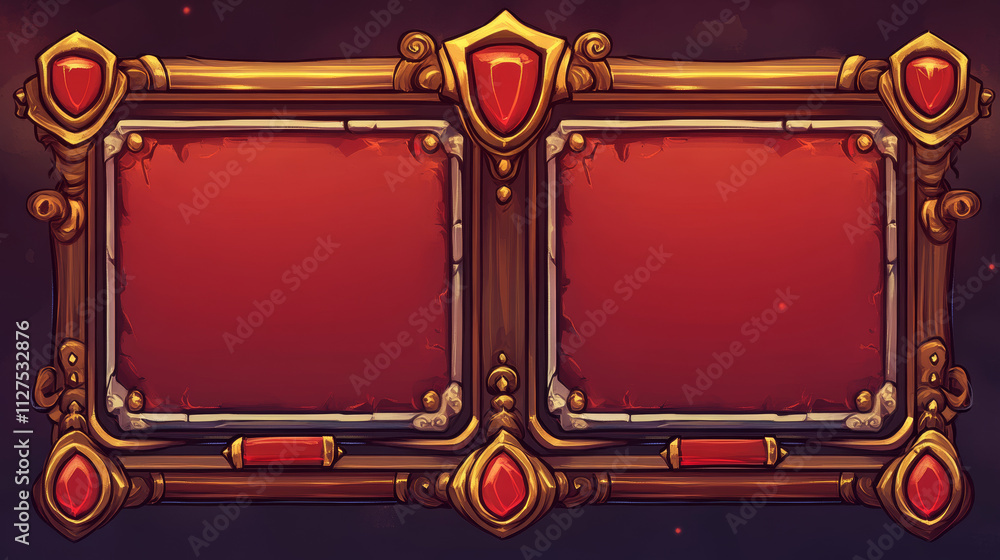 Poster game ui frames, red medieval menu interface elements, buttons or banners with ornate, rims and gloss