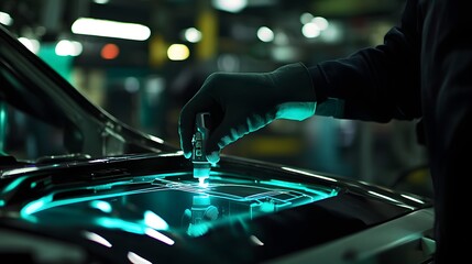 A worker programming a laser-guided welding machine for a car assembly process.