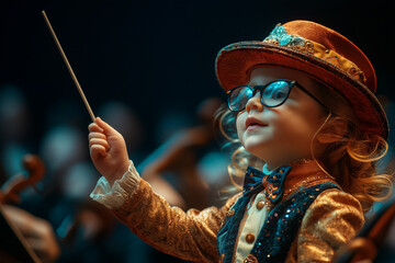 Little child conductor leading orchestra with baton in concert hall. Music education concept.