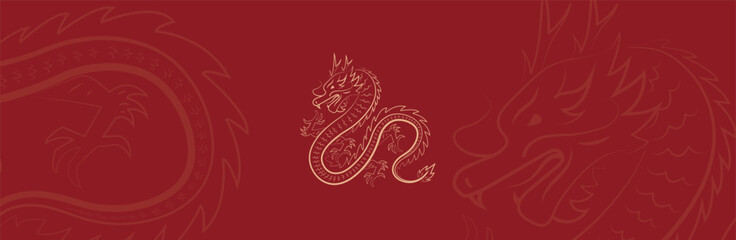 Chinese new year, year of the dragon banner template design with dragons, Gold line for background lunar new year isolated in red