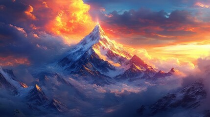 A majestic mountain peak bathed in vibrant sunset colors and surrounded by clouds.