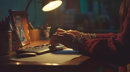 A workshop with a jewelry maker assembling a beaded bracelet under a desk lamp.