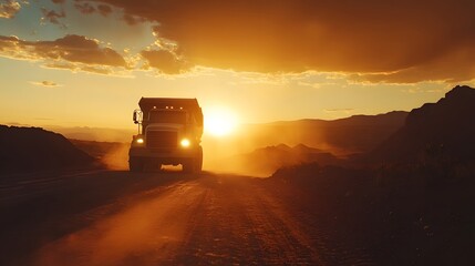 Heavy trucks transporting gold ore from a large mining site at sunset.