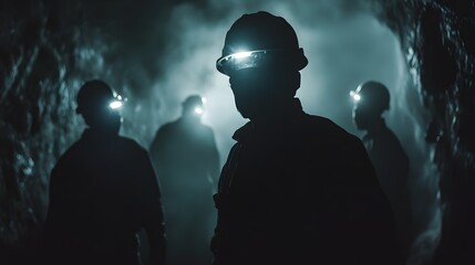 Miners wearing helmets and headlamps walking through a dark underground gold mine.