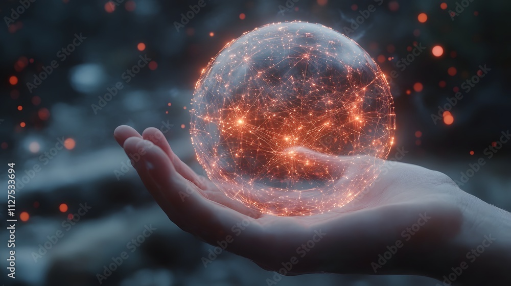 Poster hand holding a transparent glowing sphere with intricate network design and abstract energy against 